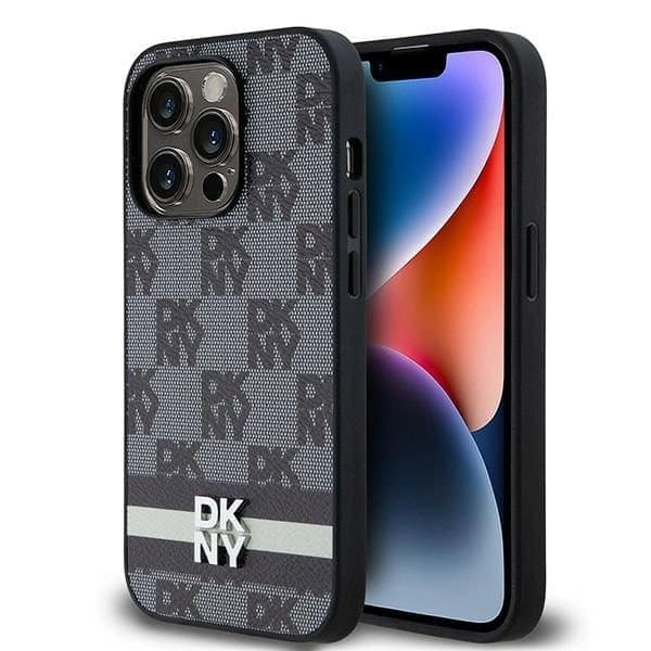 DKNY-nahkainen ruudullinen mustavalkokuvio ja painetut raidat iPhone 14 Pro -kotelo - musta