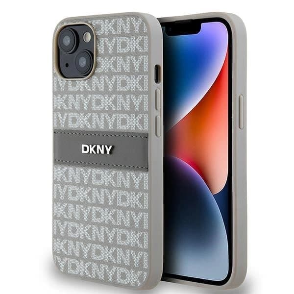 DKNY Leather Mono Stripe & Metal Logo suojakuori iPhone 15 / 14 / 13 - beige