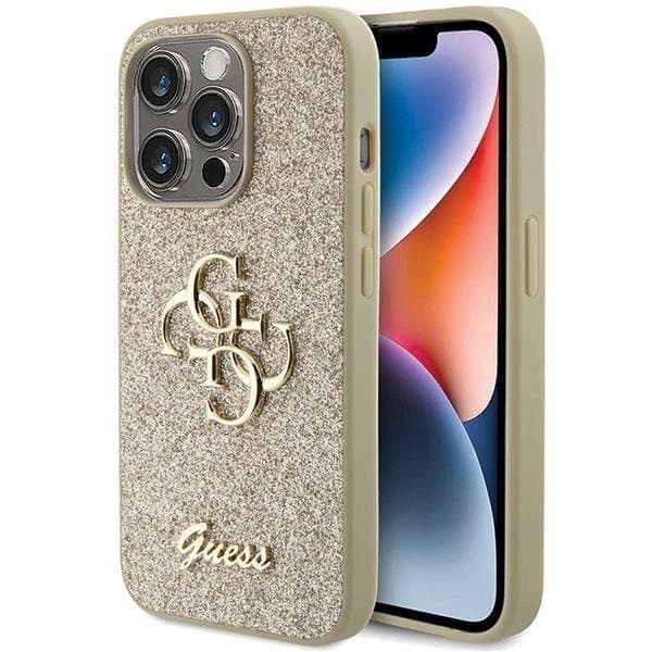 Guess Glitter Script Big 4G kotelo iPhone 15 Prolle - kulta