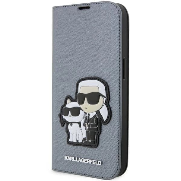 Karl Lagerfeld KLBKP14LSANKCPG kotelo iPhone 14 Pro kirjahyllylle - hopea Saffiano Karl&Choupette