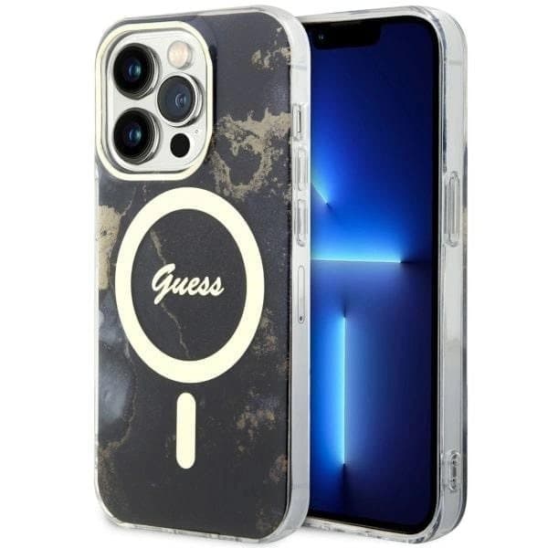 Guess GUHMP14LHTMRSK kuori iPhone 14 Prolle - musta Golden Marble MagSafe