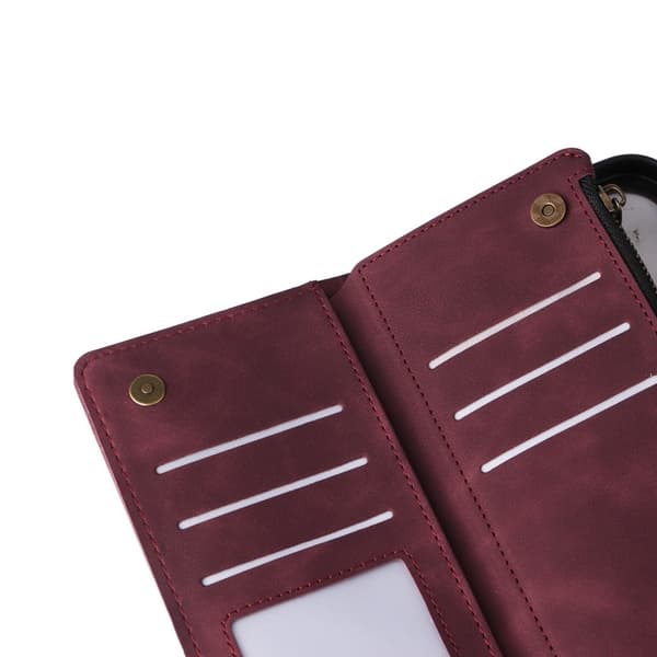 iPhone 16 Pro Multifunktionellt Plånboksfodral Zipper 8-Fack Vinröd