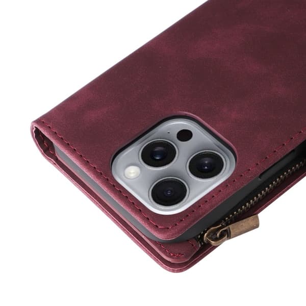 iPhone 16 Pro Multifunktionellt Plånboksfodral Zipper 8-Fack Vinröd