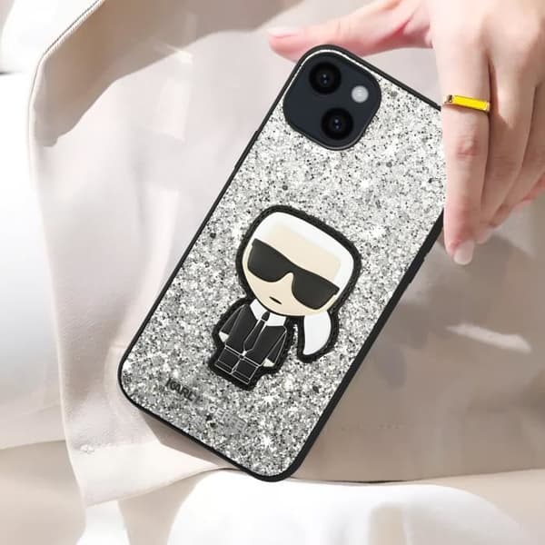 Skal till iPhone 14 Plus Sparkling Glitter Design Upphöjda kanter Karl Lagerfeld Silver