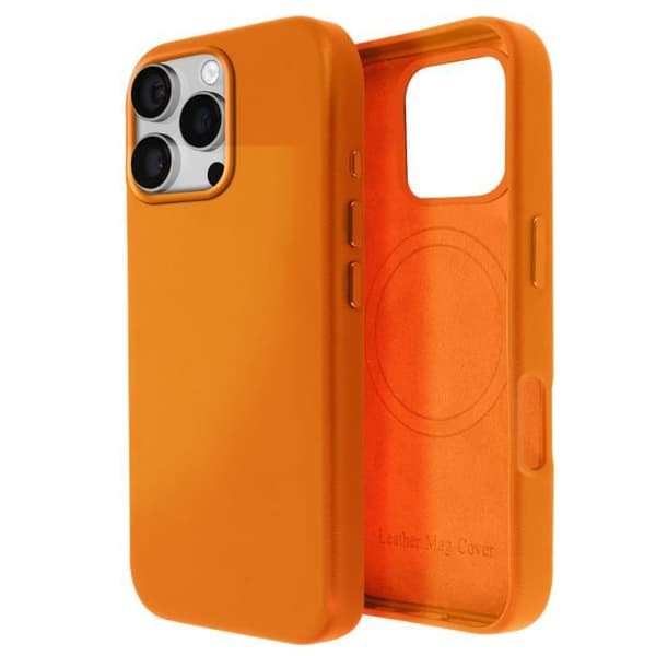 Skal till iPhone 16 Pro Max - AVIZAR - Högkvalitativt veganskt läder - Orange - Integrerad MagSafe