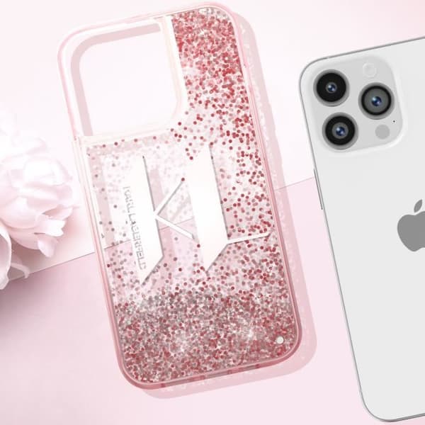 Fodral till iPhone 14 Pro Flytande glittermönster Förstärkta kanter Karl Lagerfeld Rosa