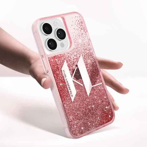 Fodral till iPhone 14 Pro Flytande glittermönster Förstärkta kanter Karl Lagerfeld Rosa