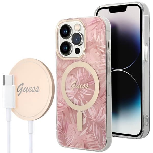 MagSafe Pack för iPhone 14 Pro Max-fodral och 15W MagSafe-laddare Guess Pink