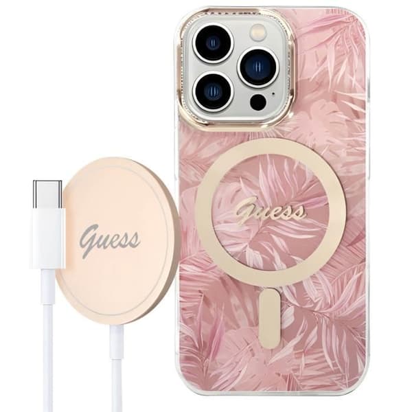 MagSafe Pack för iPhone 14 Pro Max-fodral och 15W MagSafe-laddare Guess Pink
