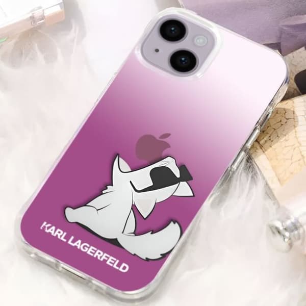 Fodral till iPhone 14 Plus - KARL LAGERFELD - Choupette Eat - Rosa - Upphöjda kanter