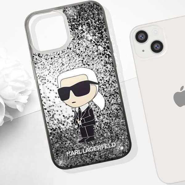 Fodral till iPhone 15 Plus Flytande glittermönster Upphöjda kanter Karl Lagerfeld Silver