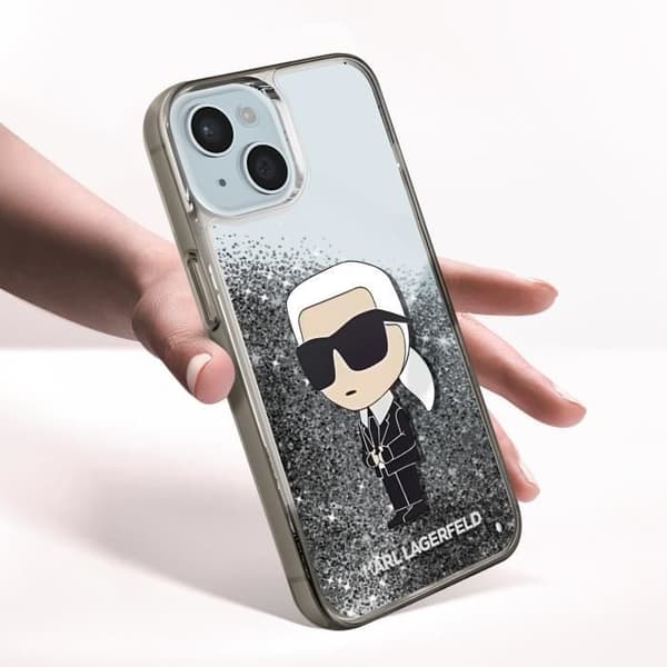 Fodral till iPhone 15 Plus Flytande glittermönster Upphöjda kanter Karl Lagerfeld Silver