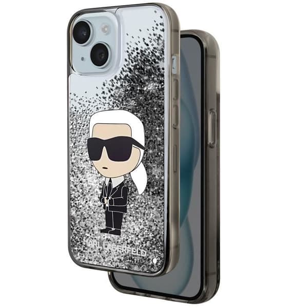 Fodral till iPhone 15 Plus Flytande glittermönster Upphöjda kanter Karl Lagerfeld Silver