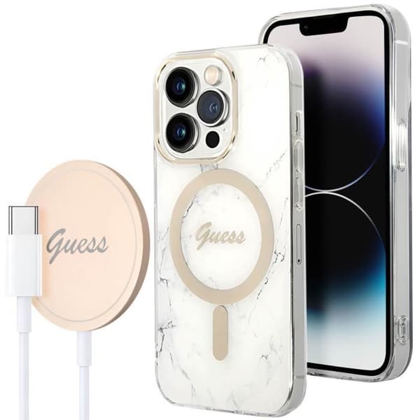 Pack för iPhone 14 Pro Marble Case och Guess 15W MagSafe Charger Vit