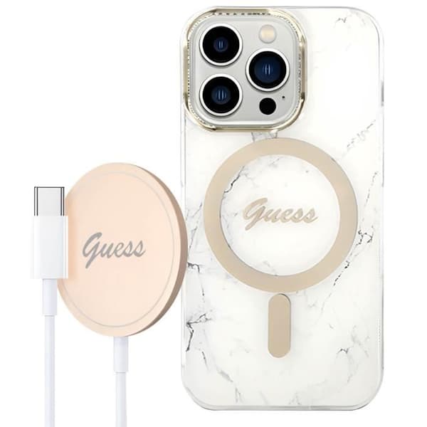Pack för iPhone 14 Pro Marble Case och Guess 15W MagSafe Charger Vit