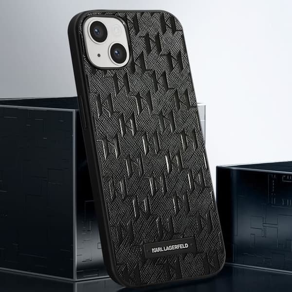 Fodral till iPhone 14 - KARL LAGERFELD - Saffiano Läderfinish - Art Deco-tryck - Svart