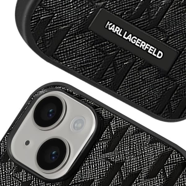 Fodral till iPhone 14 - KARL LAGERFELD - Saffiano Läderfinish - Art Deco-tryck - Svart