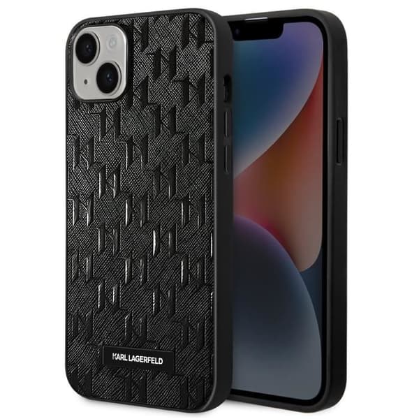 Fodral till iPhone 14 - KARL LAGERFELD - Saffiano Läderfinish - Art Deco-tryck - Svart