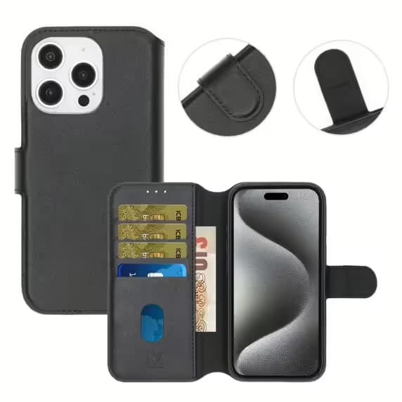 iPhone 16 Pro Plånboksfodral Äkta Läder Rvelon - Svart