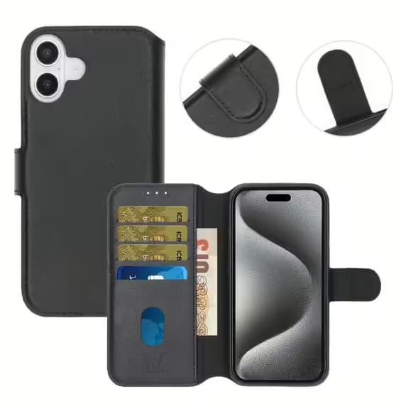 iPhone 16 Plus Plånboksfodral Äkta Läder Rvelon - Svart