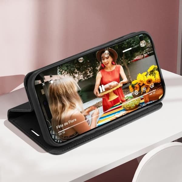 Foliofodral till iPhone 16 Plus - AVIZAR - Diamant - Korthållare - Videostöd - Svart