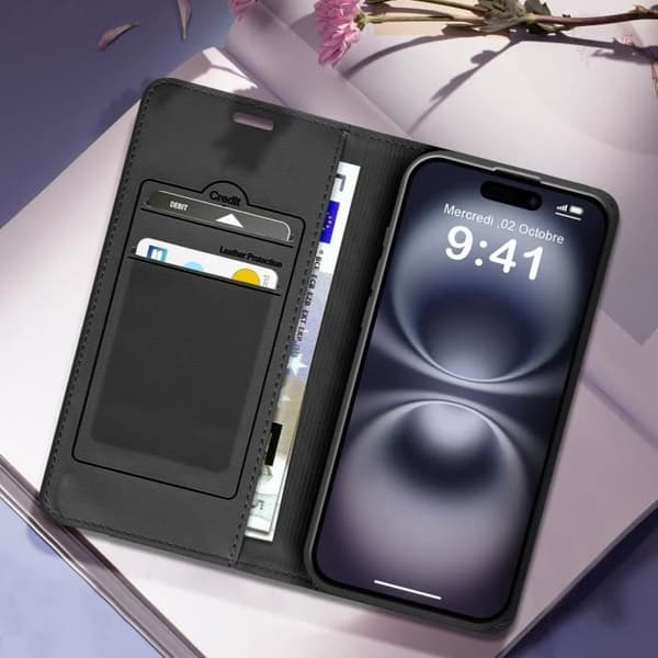 Foliofodral till iPhone 16 Plus - AVIZAR - Diamant - Korthållare - Videostöd - Svart