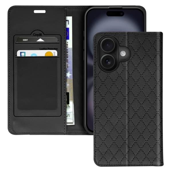 Foliofodral till iPhone 16 Plus - AVIZAR - Diamant - Korthållare - Videostöd - Svart