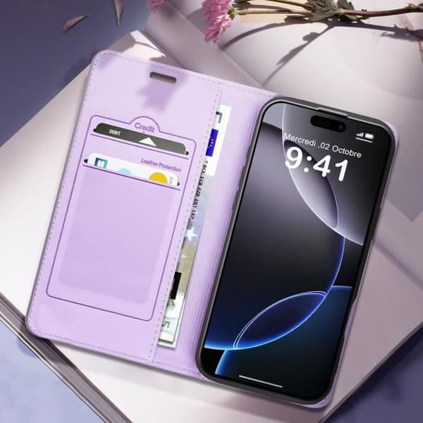 Foliofodral för iPhone 16 Pro Diamond-korthållare Videostöd - AVIZAR - Lila - Halvstyv - Smidig - Blandad