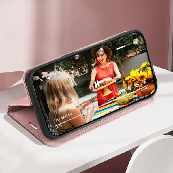 Foliofodral för iPhone 16 Plus Diamantkorthållare Videostöd Rosa