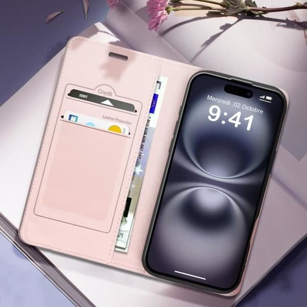 Foliofodral för iPhone 16 Plus Diamantkorthållare Videostöd Rosa