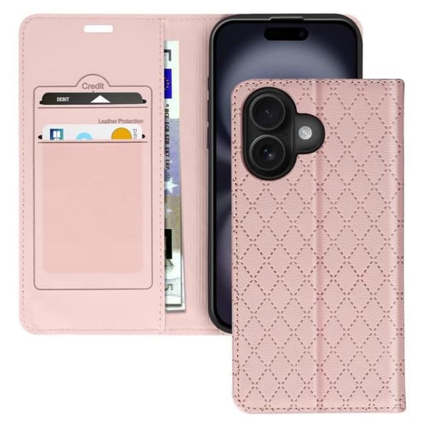 Foliofodral för iPhone 16 Plus Diamantkorthållare Videostöd Rosa