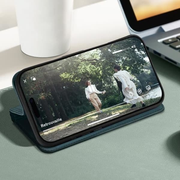 Etui för iPhone 16 Pro Max - AVIZAR - Fodral med plånbok och videostöd - Blågrön