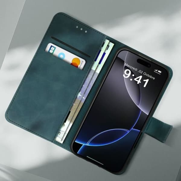 Etui för iPhone 16 Pro Max - AVIZAR - Fodral med plånbok och videostöd - Blågrön