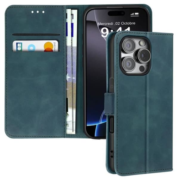 Etui för iPhone 16 Pro Max - AVIZAR - Fodral med plånbok och videostöd - Blågrön