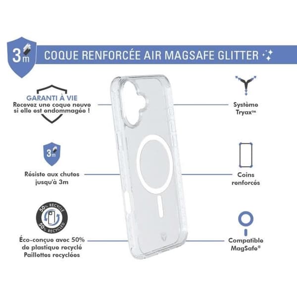 iPhone 16 Plus AIR-förstärkt fodral MagSafe-kompatibelt Transparent med glitter - Force-fodral med livstidsgaranti