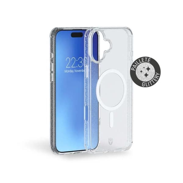 iPhone 16 Plus AIR-förstärkt fodral MagSafe-kompatibelt Transparent med glitter - Force-fodral med livstidsgaranti