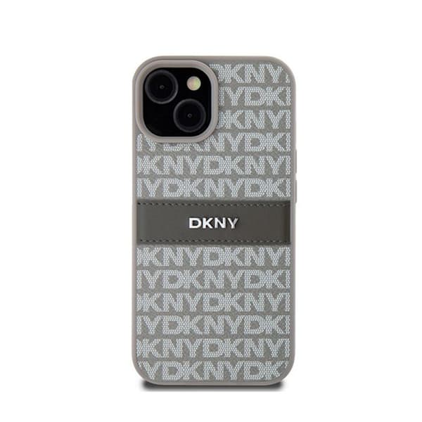 DKNY Leather Mono Stripe &amp; Metal Logo - Fodral för iPhone 15/14/13 (beige)