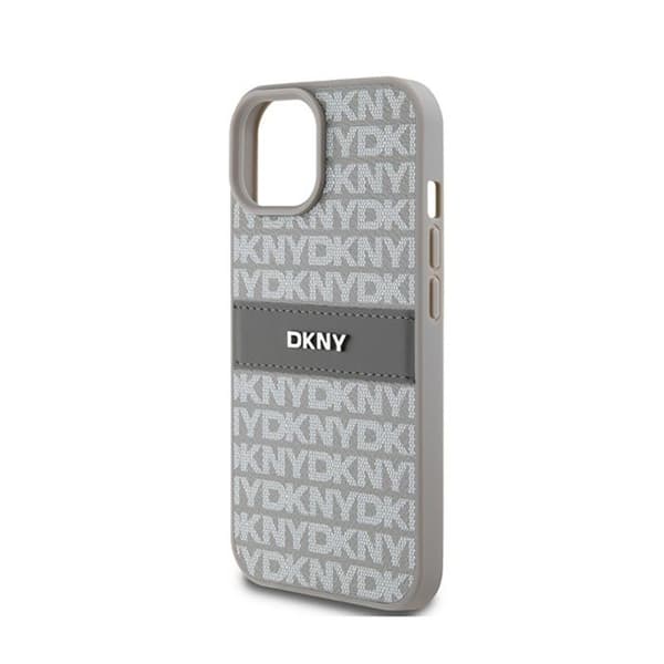 DKNY Leather Mono Stripe &amp; Metal Logo - Fodral för iPhone 15/14/13 (beige)