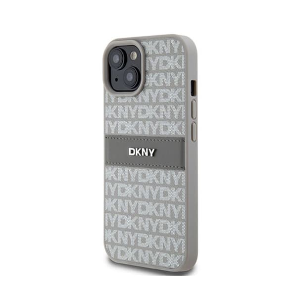 DKNY Leather Mono Stripe &amp; Metal Logo - Fodral för iPhone 15/14/13 (beige)