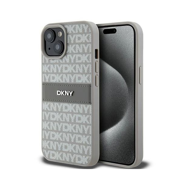 DKNY Leather Mono Stripe &amp; Metal Logo - Fodral för iPhone 15/14/13 (beige)