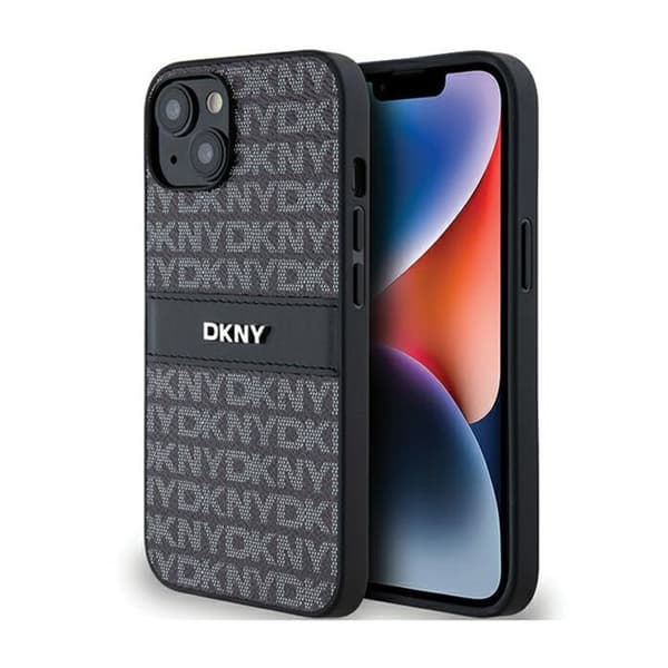 DKNY Leather Mono Stripe &amp; Metal Logo - Fodral för iPhone 14/15/13 (svart)