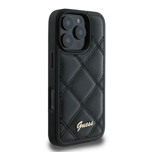 Mjukt fodral - GUESS - iPhone 16 Pro Max - Quiltad - Svart - Metallisk logotyp