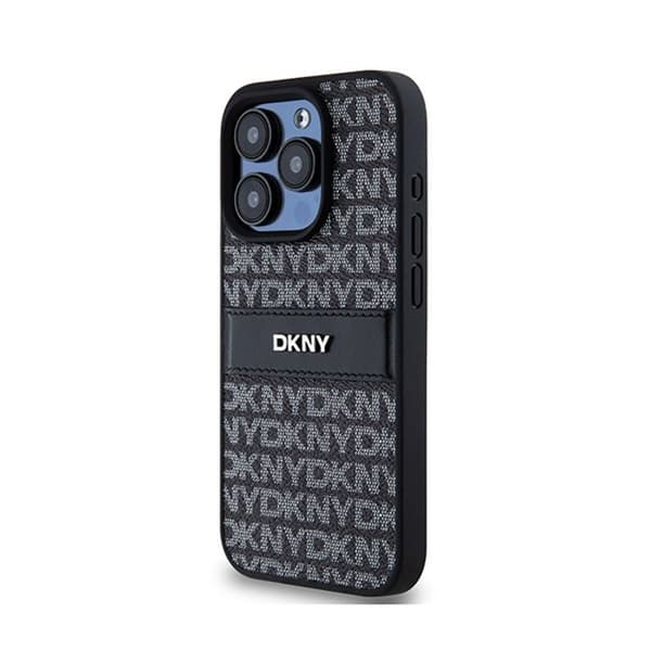 DKNY Leather Mono Stripe &amp; Metal Logo - iPhone 15 Pro Fodral (svart)