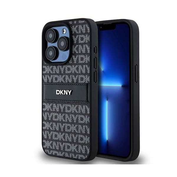 DKNY Leather Mono Stripe &amp; Metal Logo - iPhone 15 Pro Fodral (svart)