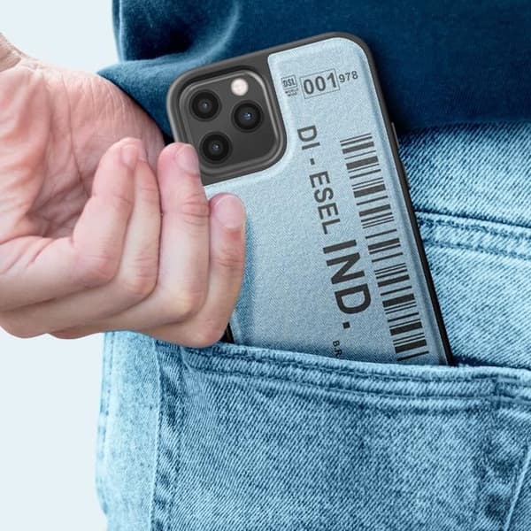 Fodral för iPhone 12 och 12 Pro Anti-fall Denim streckkodstryck Dieselblå