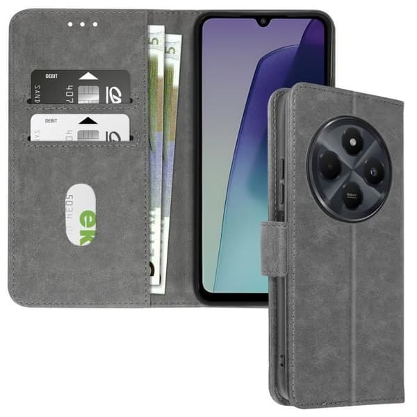 Fodral till Xiaomi Redmi 14C Flip Wallet och videohållare grå