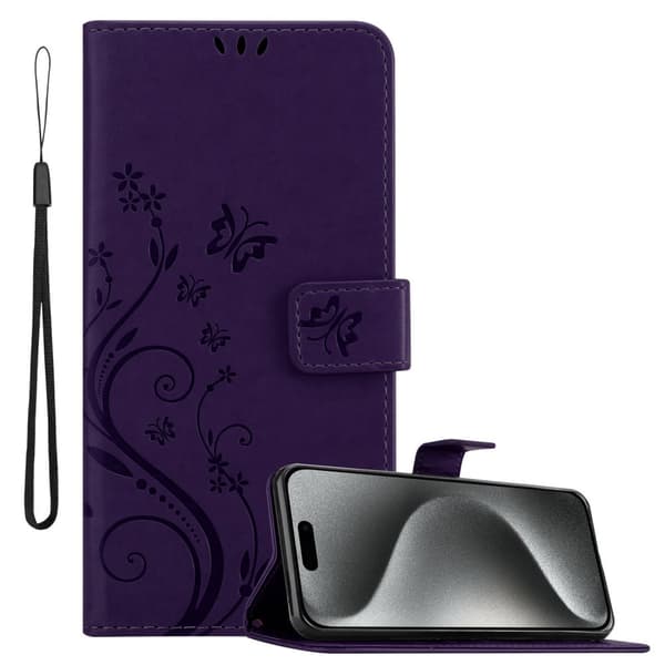 iPhone 16 PRO Skal Fodral i blomdesign Mobilskydd Case Cover med magnetisk stängning, ståfunktion och kortplatser BLOMMA MÖRKLILA