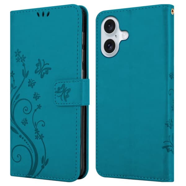 Deksel til iPhone 16 Lommebokdeksel i blomster design med magnetisk lukking, stativfunksjon og kortplasser