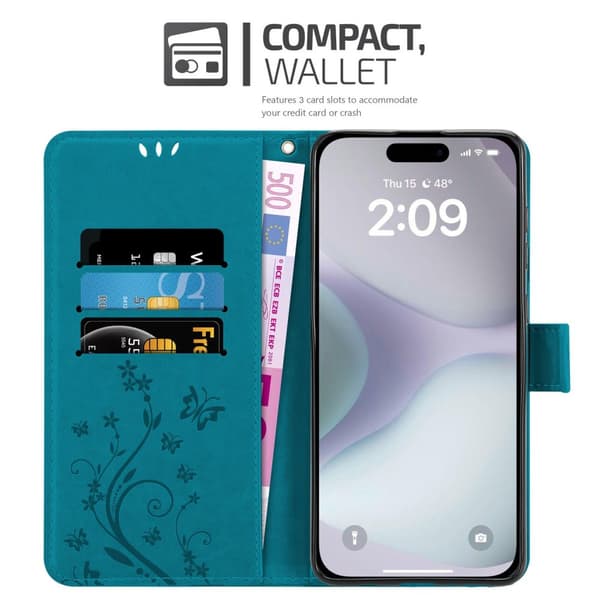 Deksel til iPhone 16 Lommebokdeksel i blomster design med magnetisk lukking, stativfunksjon og kortplasser