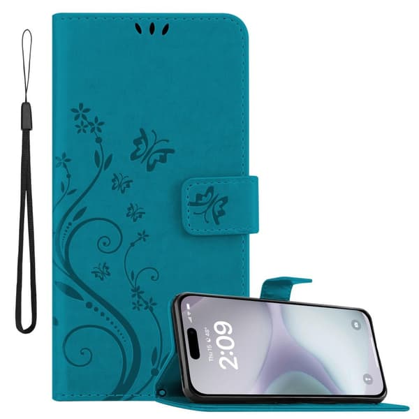 Deksel til iPhone 16 Lommebokdeksel i blomster design med magnetisk lukking, stativfunksjon og kortplasser